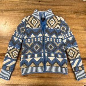 Icelandic Design Wool Zip Sweater Jacket Lined Nordic Fair Isle Snowflake Blue